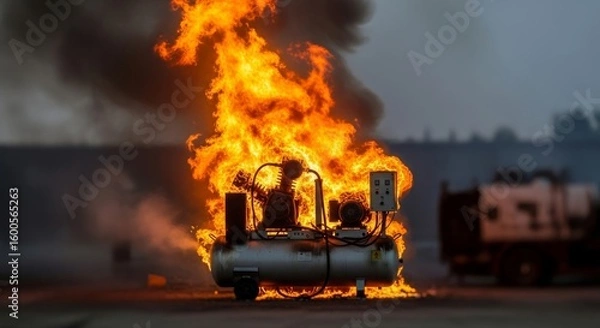 Fototapeta Air Compressor Fire Hazard - A large air compressor engulfed in flames, billowing smoke. Safety and industrial accident imagery