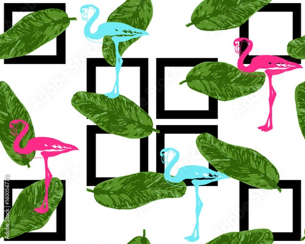 Fototapeta Cute seamless pattern with flamingos and palm. Vector background with birds. cute flamingo. flamingo pattern. flamingo background. pink flamingo. flamingo and palms. flamingo and stripes.