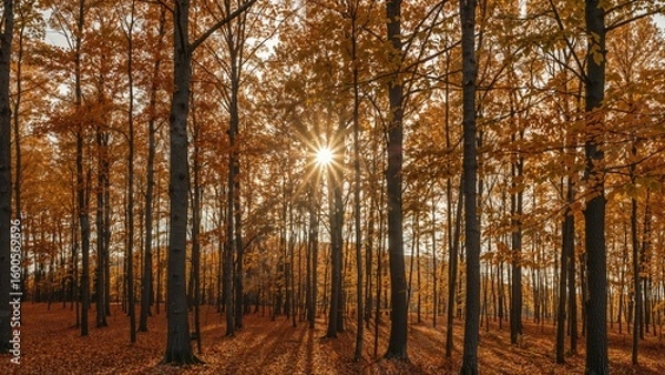 Fototapeta Warm sunlight streaming through the treetops in fall woods
