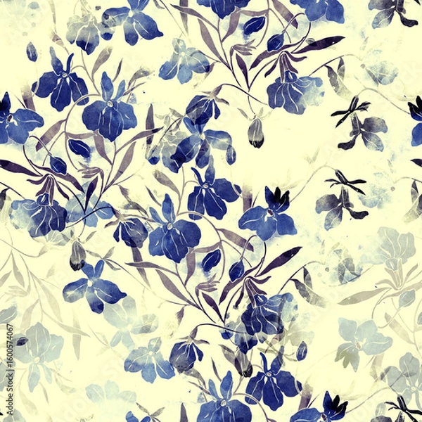 Fototapeta Vintage colored flowers and leaves. Boho chic floral seamless pattern, endless motif in watercolour and digital. Mixed media botanical design for textile, fabric, packaging, decoupage, souvenirs.