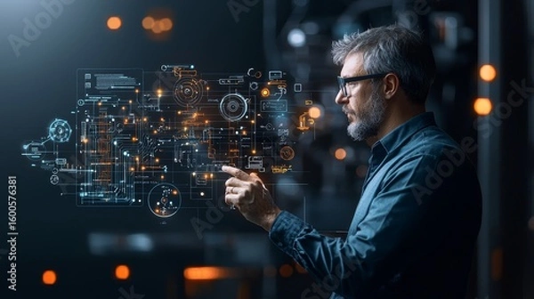 Fototapeta Innovative technology exploration modern laboratory digital interface high-tech environment side view futuristic concept