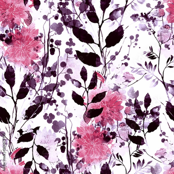 Fototapeta Vintage colored flowers and leaves. Boho chic floral seamless pattern, endless motif in watercolour and digital. Mixed media botanical design for textile, fabric, packaging, decoupage, souvenirs.