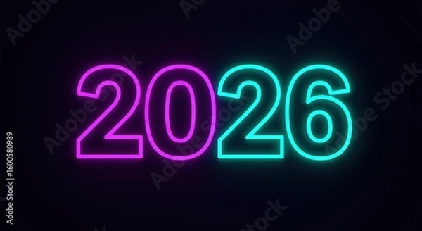 Fototapeta Neon number 2026 in purple cyan colors glowing on dark background. Electric sign countdown design creating vibrant digital atmosphere for new year celebration