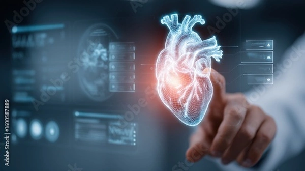 Fototapeta Doctor's hand reaching toward a glowing holographic heart projected on a digital screen. Concept of healthcare and medicine, innovation and medical technology. 