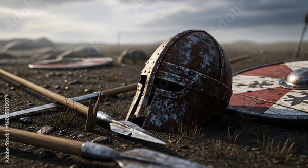 Obraz A weathered Viking helmet rests on a battlefield, surrounded by weapons and shields.