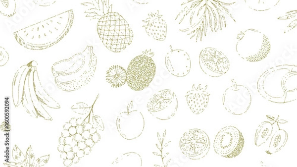 Fototapeta A seamless pattern design of various fruits drawn in thin olive green outline strokes against a white background.  