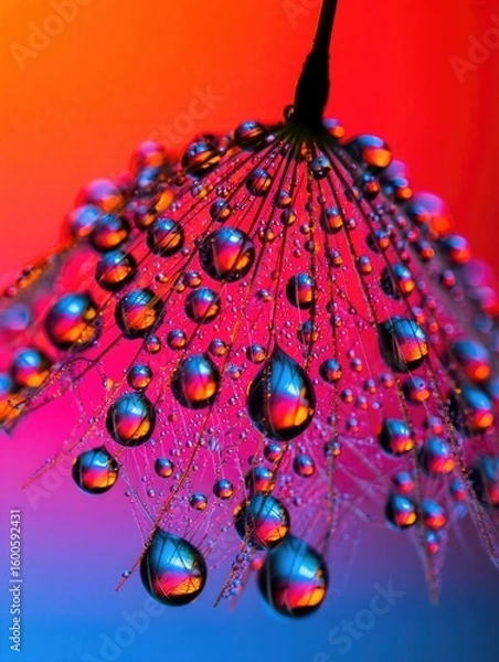 Fototapeta Close up of water droplets on a dandelion seed head reflecting vibrant colors.