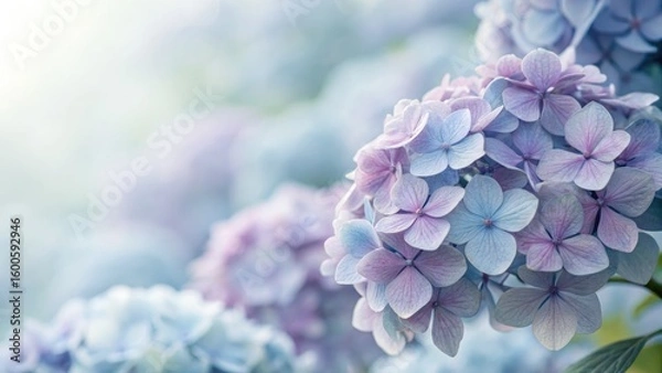 Fototapeta Close up view of beautiful pastel colored hydrangea flowers in soft focus