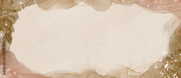 Obraz 秋冬用抽象テンプレート。横長背景に茶色のアルコールインクアートのフレームと金色装飾