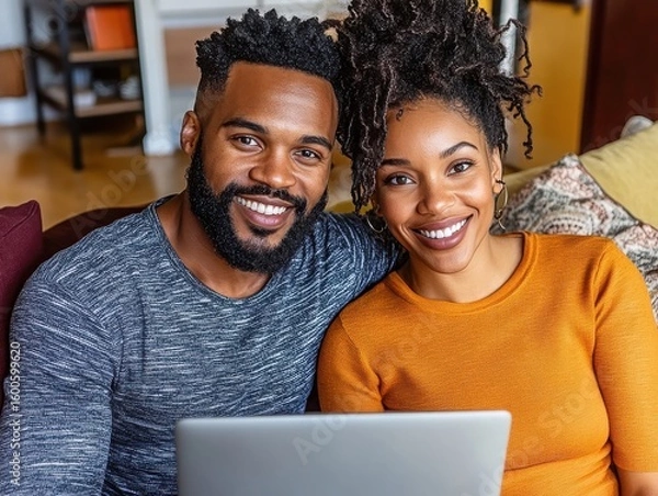 Fototapeta Happy couple enjoying time together with laptop at home setting