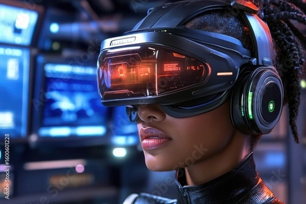 Fototapeta Futuristic Woman in Virtual Reality Headset with High-Tech Background
