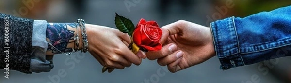 Fototapeta Hands Exchanging Red Rose Symbolizing Love and Affection in Nature