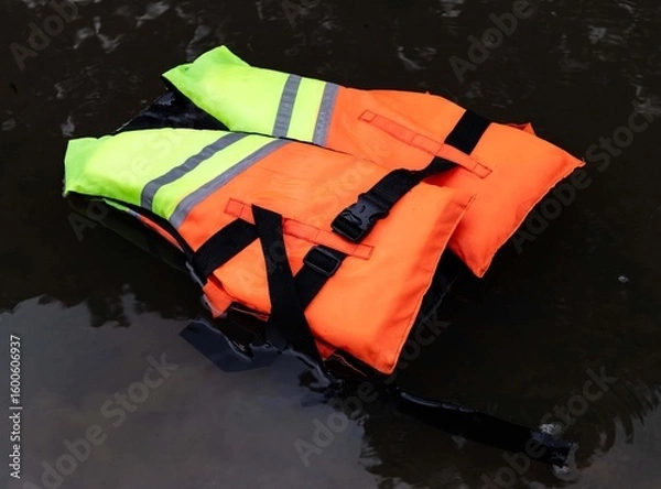 Fototapeta High Visibility Life Jacket Floating on Water Surface