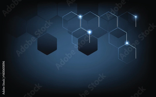 Fototapeta Futuristic hexagon technology background with glowing digital light effect, abstract blue dark design for innovation, science, data, hi-tech or cybersecurity presentation