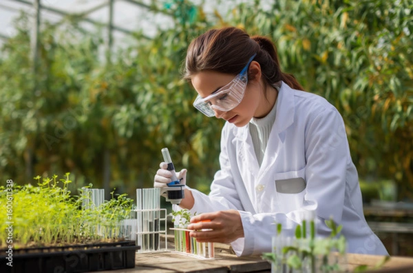 Fototapeta Scientist examining plant samples in a greenhouse laboratory setting
