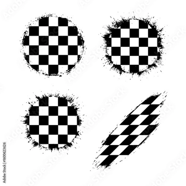 Obraz Grunge Racing Flag Icon Set - Black and White Distressed Checkered Pattern Stripes - Speed Texture Elements for Motorsport and Graphic Design - Transparent PNG