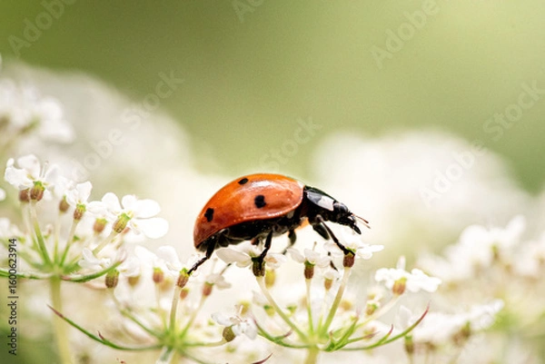 Obraz Close-up of a bright red ladybug perched on a delicate wild carrot flower, highlighting the contrast between the insect’s vibrant spots and the white petals. Ideal for nature, insect, and garden-theme