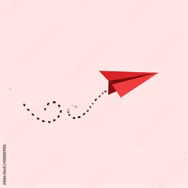 Obraz Red paper airplane flying with dotted trail on pink background  