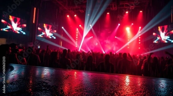 Fototapeta Vibrant concert stage with red and white spotlights illuminating a cheering crowd, wet floor reflecting lights