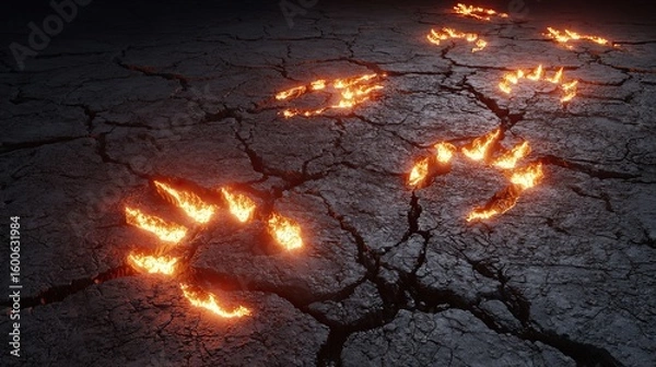 Fototapeta Glowing dinosaur tracks spanning fractured continents, a primal connection across time