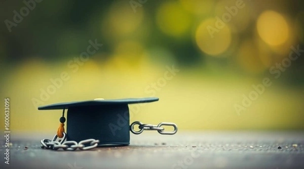 Fototapeta Graduation cap with chain symbolizes freedom from debt or breaking free from academic constraints