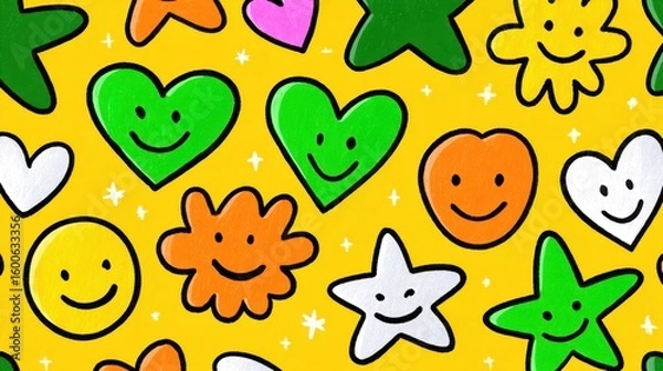 Fototapeta Playful Pop Art Joy: Dynamic Pattern of Floating Hearts, Stars, and Happy Faces in Vibrant Yellow, Peach, and Electric Green Palette