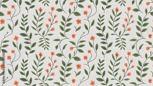 Obraz Charming floral pattern with delicate peach flowers and green leaves for modern designs and textiles