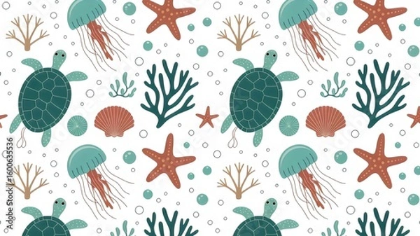 Obraz Adorable ocean life pattern with turtles, jellyfish and coral makes a splash for kids designs