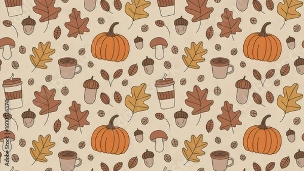 Obraz Charming autumn themed pattern featuring pumpkins, leaves, acorns, and coffee cups for cozy vibes