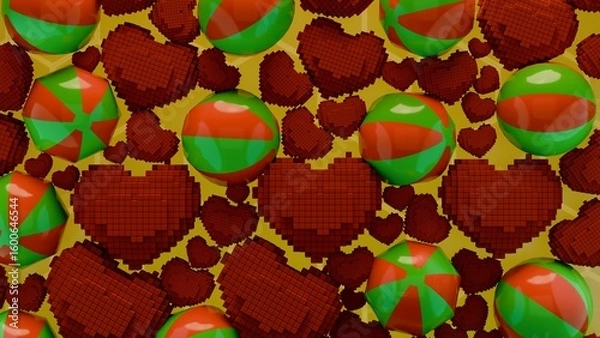 Fototapeta Voxel hearts and multicolored balls pattern on seamless hexagon yellow background