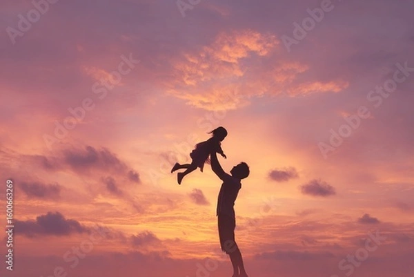 Fototapeta silhouette of father lifting his daughter joyfully against a pastel sky, glowing light and space in the sky for writing, peaceful and inspiring