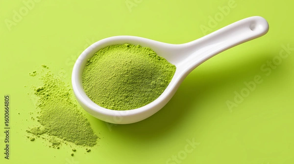 Obraz Elegant white porcelain spoon filled with bright green matcha tea powder, vivid chartreuse backdrop, pristine powder texture, zen-like simplicity, macro food photography, organic green tea.
