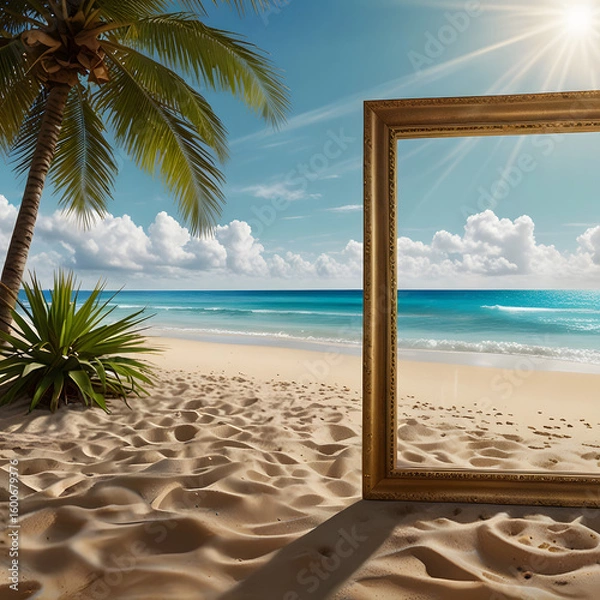 Fototapeta Tropical Beach with Picture Frame in Sand Under Palm Tree
