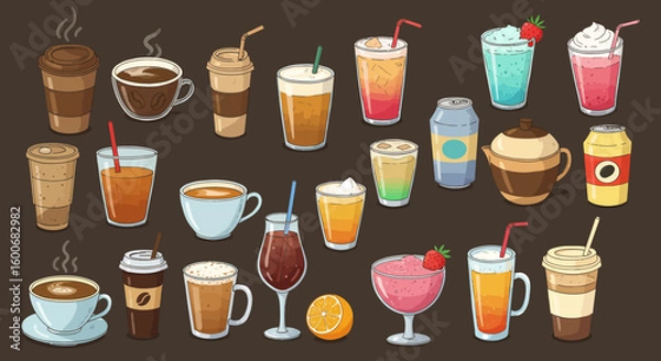 Fototapeta Assorted beverage collection featuring coffee, tea, and refreshing dri