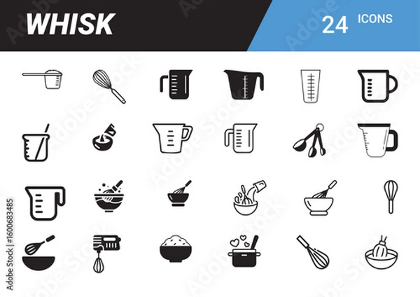 Fototapeta Culinary Illustration: A collection of 24 icons depicting various kitchen tools and food preparation elements. Clean lines and simple design, perfect for culinary-themed projects.