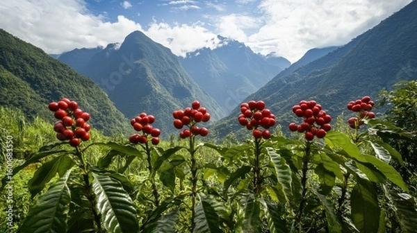Obraz Red berries cluster on plants, mountain backdrop