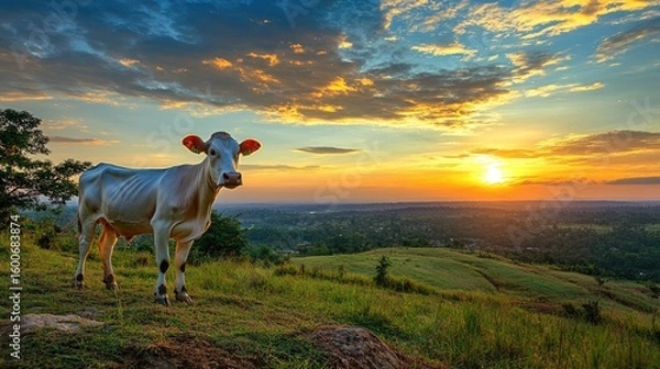 Obraz Cow on hilltop at sunset