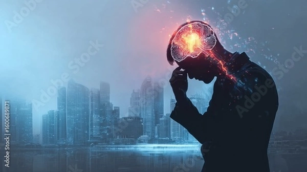 Fototapeta Engineer man silhouette holding head with glowing ai brain and city skyline, deep thinking in tech world, digital silhouette, cyber human