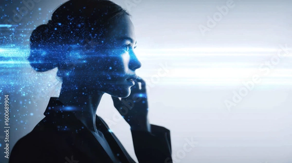 Fototapeta Woman touching face with blue holographic data above her head, tech interface and future thought, digital silhouette, cyber human image