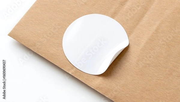 Fototapeta Close up of a white round sticker with a peeled corner on a brown paper surface on a white background