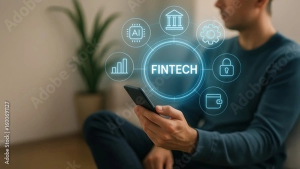 Fototapeta Man with smartphone surrounded by glowing fintech icons in calm space, showing interaction and privacy in ai finance, data security, fintech startup