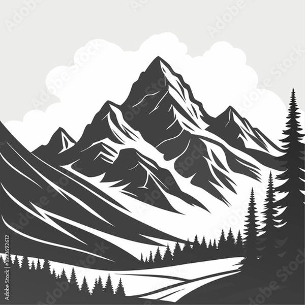 Fototapeta A captivating vector illustration portrays a serene mountain landscape with snow-capped peaks, lush forests, and a clear sky, perfect for nature-themed designs