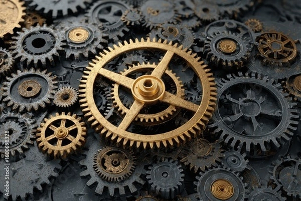 Fototapeta Interlocking gears, gold & silver tones, intricate design, mechanical, complex