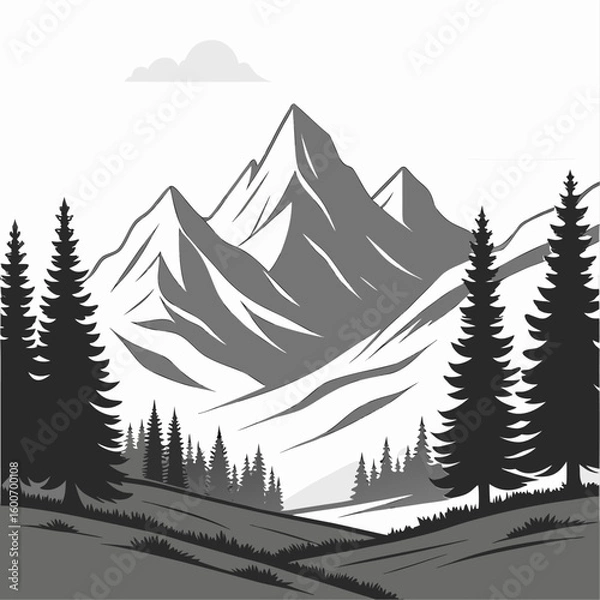 Fototapeta Vector illustration of a cold, snowy winter mountain forest landscape with frosted pine trees