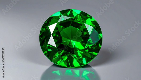 Fototapeta EMERALD in a faceted ROUND shape lies on a grey surface; flat lay; wallpaper