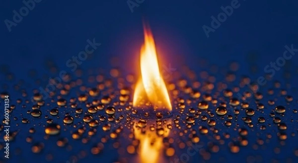 Obraz A flame burns atop a surface covered with reflective drops set against a deep blue background