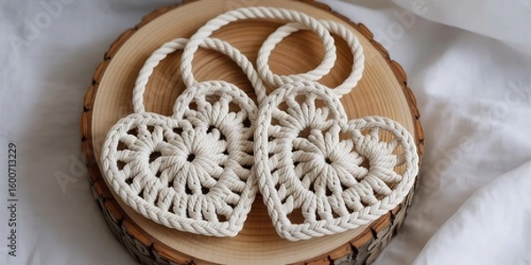Obraz Two delicate macrame heart ornaments on a wooden slice