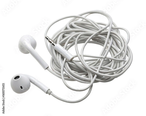 Obraz A tangled mess of white earphones with a plug is isolated on a transparent background in studio shot