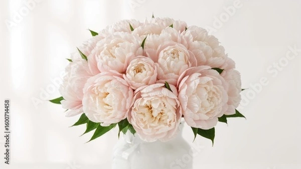 Fototapeta pink peonies arranged in a white vase with green leaves against a soft blurred background