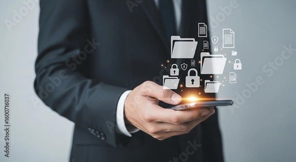 Fototapeta Businessman using smartphone with floating security icons representing data protection internet privacy cyber safety and online access control system
